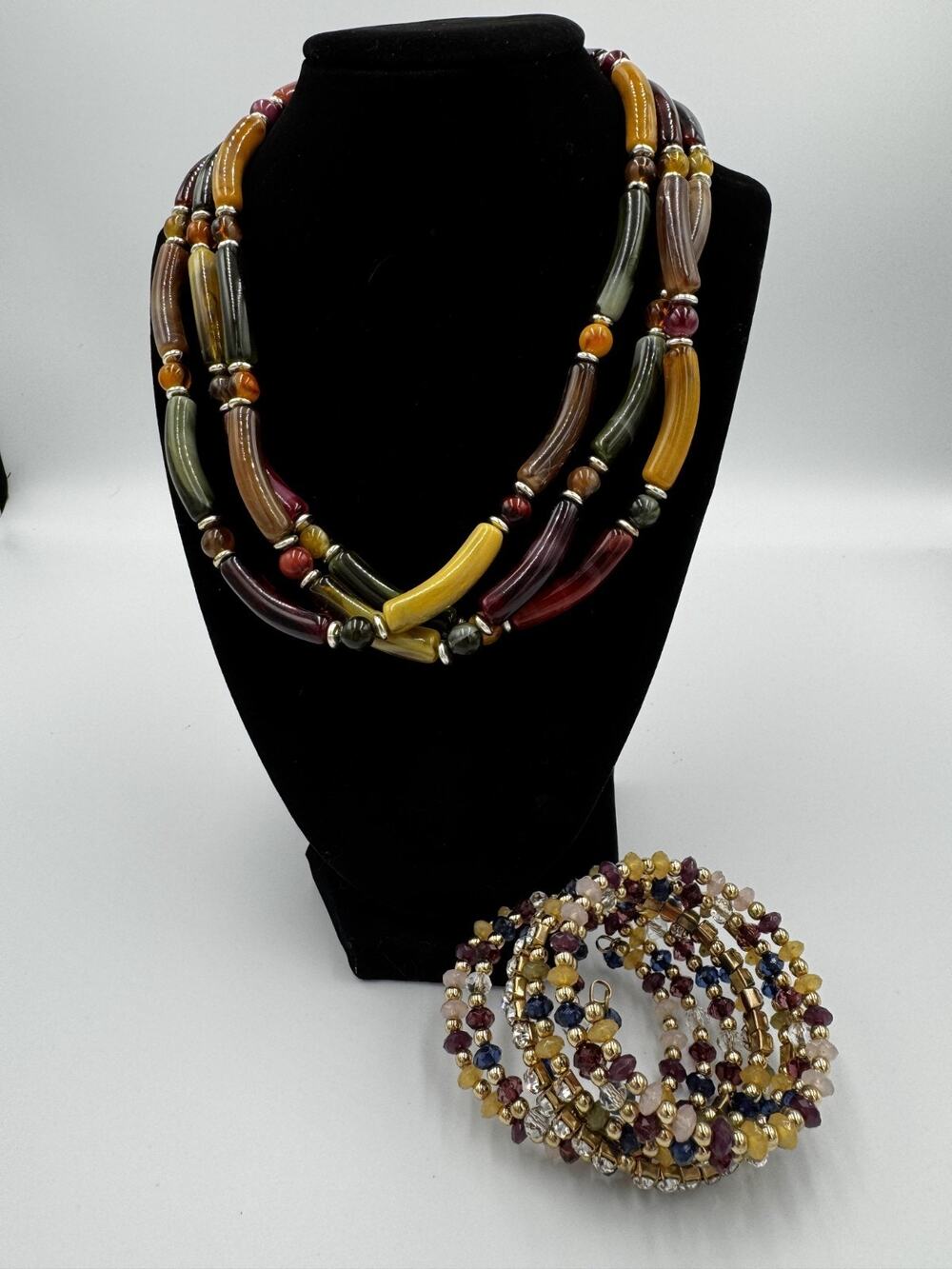 Vintage Chunky Multi Strand Earth Tone Tube Bead Necklace Wrap Bracelet Set Boho